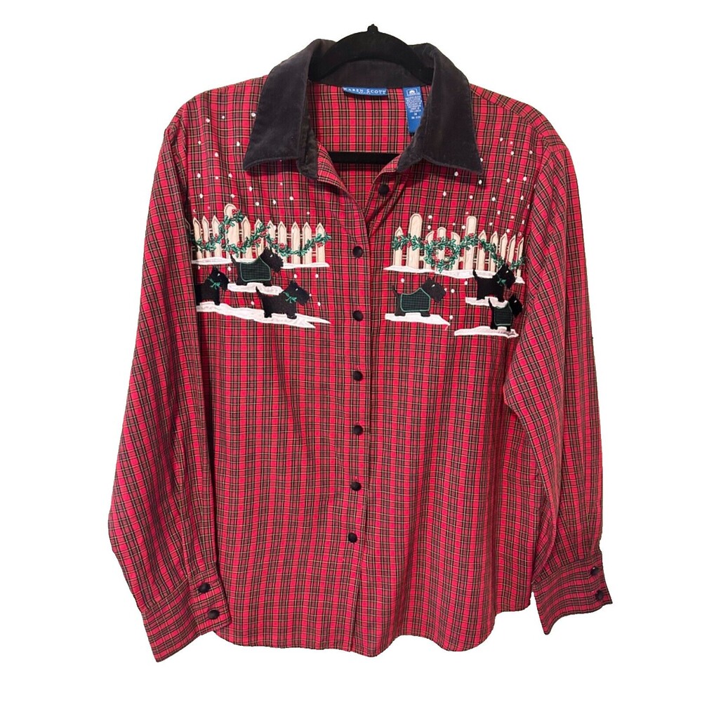 VTG Karen Scott Plaid Button Up Shirt Christmas Holly Scottish Terrier Woman’s M